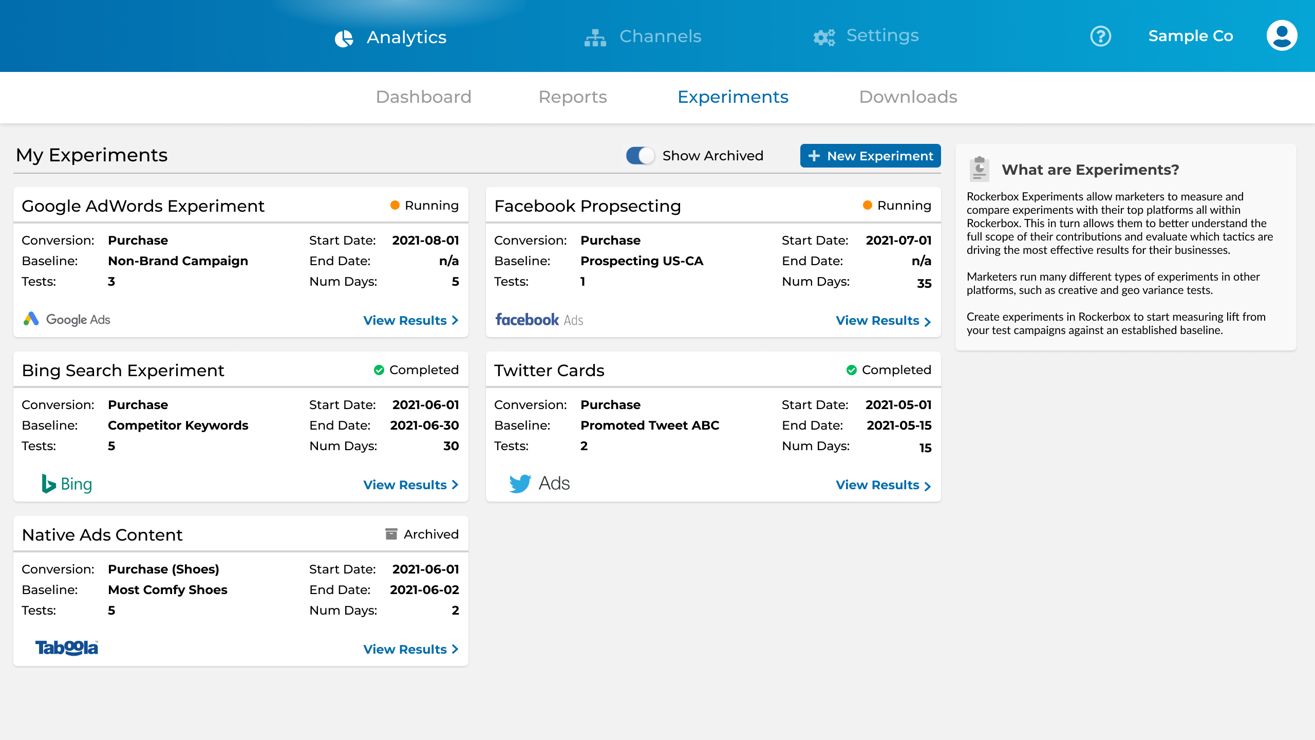 My Experiments dashboard